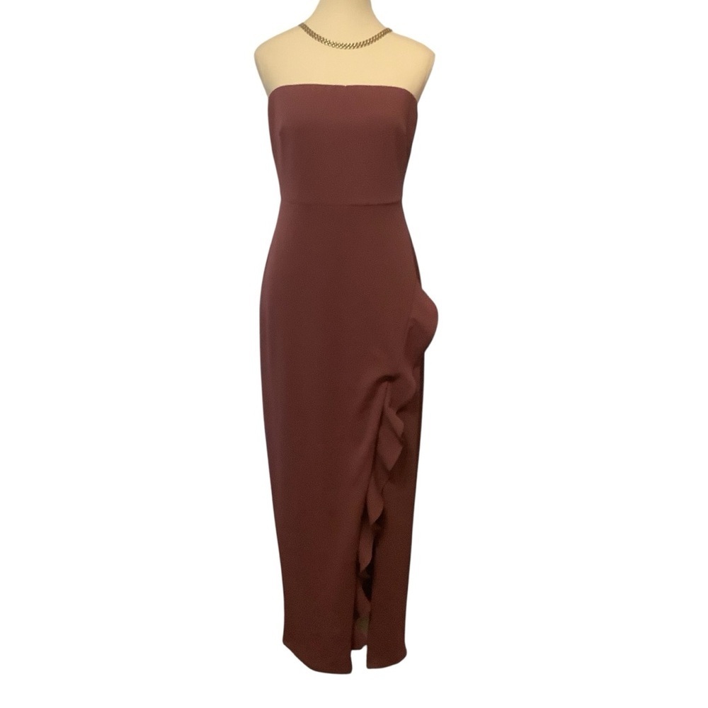 RICKI’S NWT MAUVE STRAPLESS DRESS WITH A CASCADING RUFFLE SLIT/ Size 8 - Picture 2 of 15